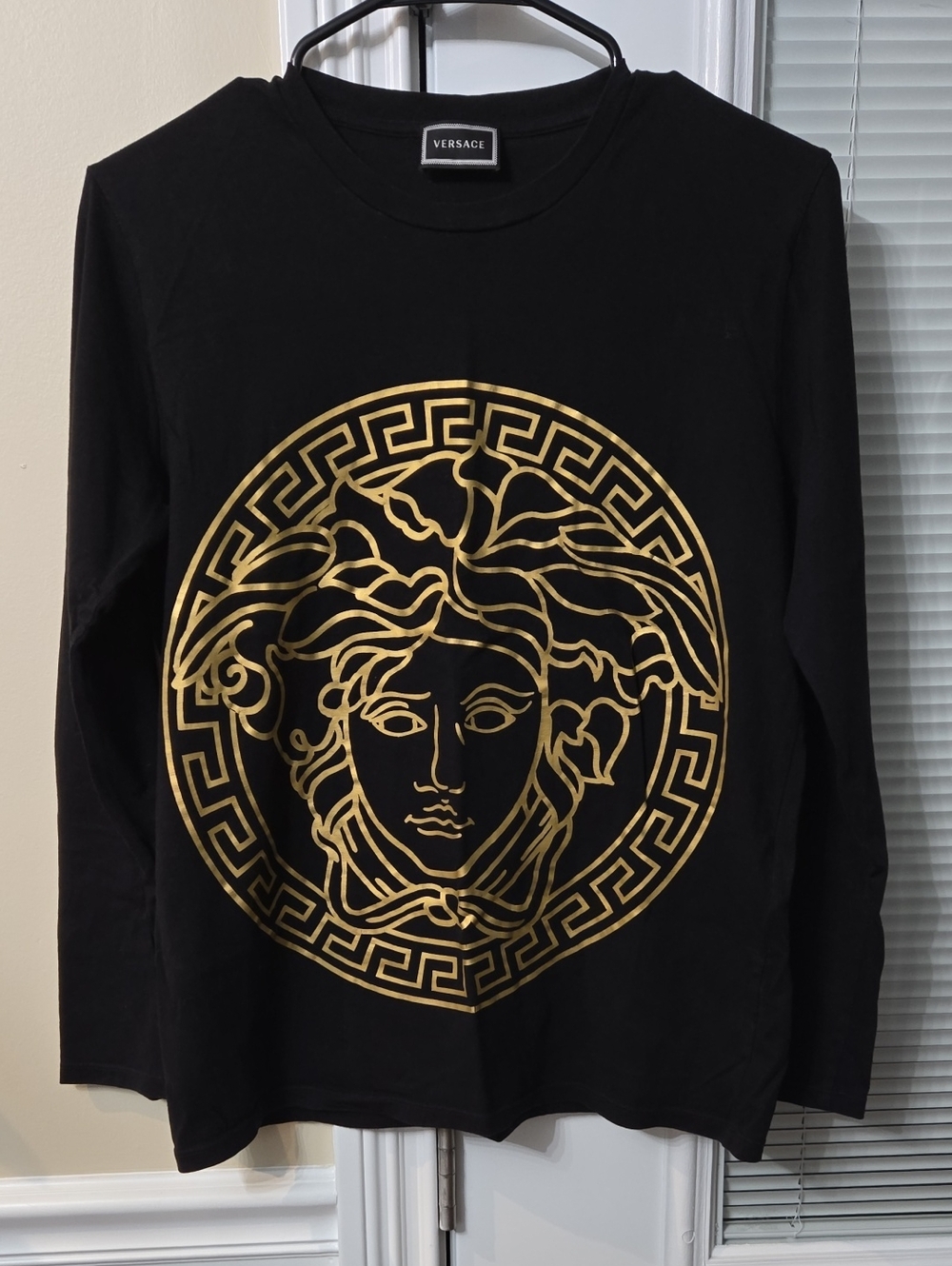 Versace Black Long Sleeve Tee with Gold Medusa Crest